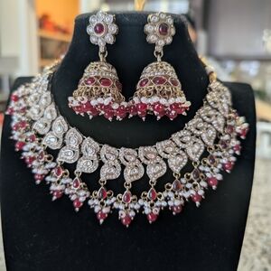 Party Wear Red Color Necklace Set Available With Tikka And Earrings..